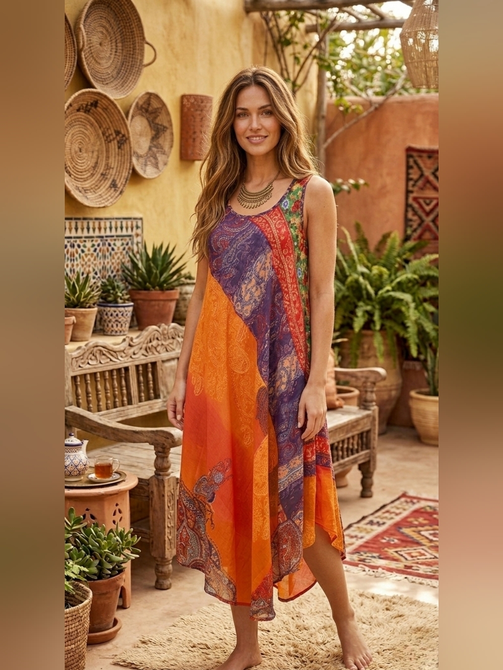 Sleeveless Asymmetrical Handkerchief Hem Midaxi Summer Dress - Boho Paisley